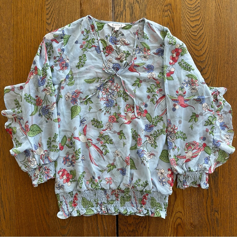 Nanette Lepore Light Blue Floral Hummingbird Ruffle Sleeve Spring Brunch Women - Picture 2 of 10